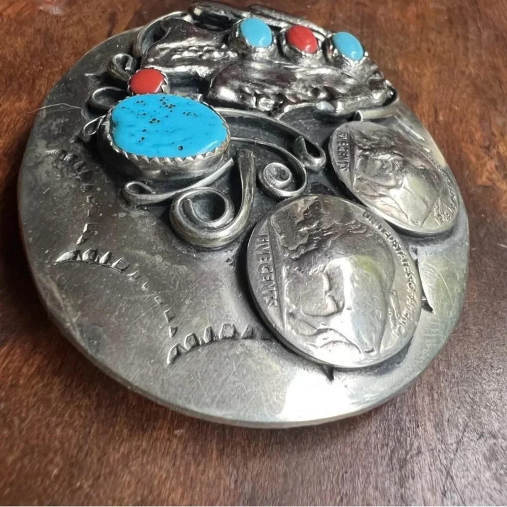 Indian Chief Buffalo Nickel Silver Tone Turqoise & Red Coral Belt Buckle - Picture 5 of 8